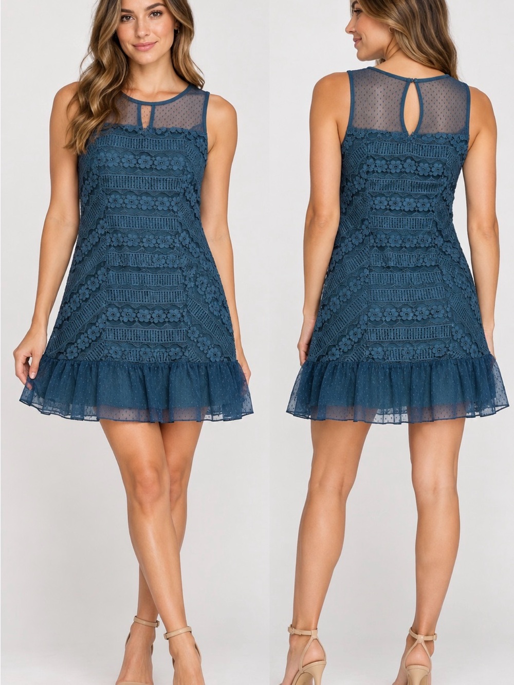 Francesca's Collections Teal Lace Mesh Ruffle Midi Dress NWT SIZE M